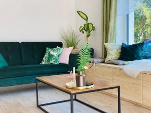een woonkamer met een groene bank en een salontafel bij Borek in Medyka