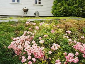 un ramo de flores rosas delante de una casa en 4 person holiday home in Austrheim, en Bergsviki