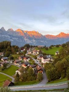 a town with houses and a road in front of mountains at Chalet Terza in Quarten