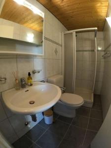 ein Bad mit einem Waschbecken, einer Dusche und einem WC in der Unterkunft Chalet Terza in Quarten