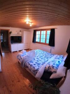 a bedroom with a bed and a television in it at Chalet Terza in Quarten