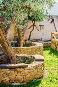 a stone wall with two trees in a yard at Casale il Pozzo in Sciacca