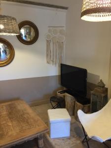 uma sala de estar com uma televisão e uma mesa em Chez Enzo em Pierrevert