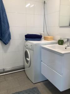 y baño con lavadora y lavamanos. en SylviaBo i Skien sentrum en Skien