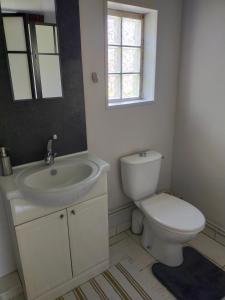 ein Bad mit einem Waschbecken, einem WC und einem Fenster in der Unterkunft Logis51 in Ville-sur-Tourbe
