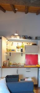um quarto com uma cozinha com um balcão e um sofá em Olive -Casa da Boavista em Alegrete