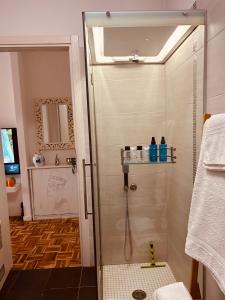 een douche met een glazen deur in de badkamer bij Appartamento Camilla in Ferrara