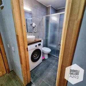 a bathroom with a sink and a washing machine at Didveli Gallery A203 in Bakuriani