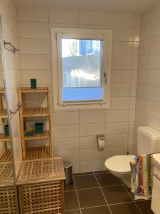 Faoug的住宿－Ahornlounge Faoug am Murtensee，一间带卫生间和窗户的浴室