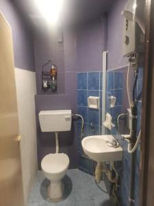 een paarse badkamer met een toilet en een wastafel bij YSS Homestead Inderawasih in Perai