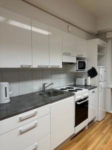 uma cozinha branca com um lavatório e um fogão em Lapinmaa Apartments em Rovaniemi