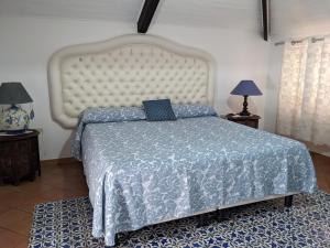 a bedroom with a large bed with a blue comforter at Casa Giovanna Positano in Positano