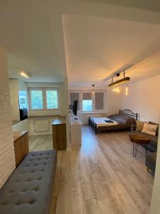 a large living room with a bed and a kitchen at Przy Moście in Rzeszów