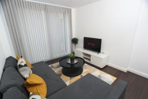 a living room with a couch and a tv at Luxury Apartments in Central Watford in Watford