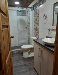 een badkamer met een toilet, een wastafel en een douche bij Casa central, segundo piso con parqueadero in Norcasia