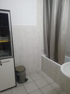 La salle de bains est pourvue d'un rideau de douche et d'un lavabo. dans l'établissement Messewohnung Dormagen, à Dormagen