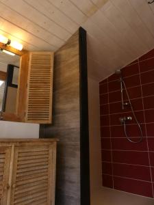 baño con ducha y pared de baldosas rojas. en Gites Arnoult, en Damiatte
