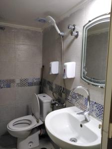 uma casa de banho com um WC, um lavatório e um espelho. em Hotel Panorama no Cairo