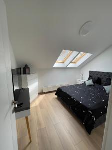 a bedroom with a black bed and a skylight at Fericirii A in Cluj-Napoca