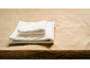 two white towels sitting on the floor in a bathroom at fan! -ABURATSU- Sports Bar & HOSTEL - Vacation STAY 78427v in Nichinan