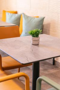 a wooden table with a plant on top of it at 49 Sunrise Lodge in Għajnsielem