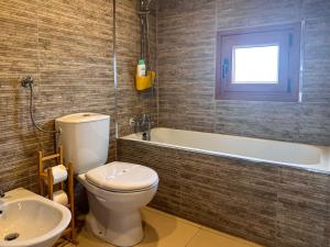 a bathroom with a toilet and a tub and a sink at Casa do Souto - Nature & Experiences - Turismo Rural in Bragança