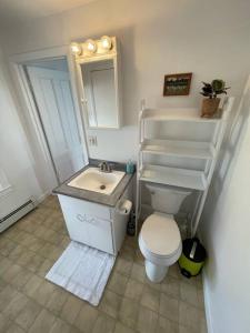 y baño con aseo, lavabo y espejo. en Centrally Located Winooski Apartment en Winooski