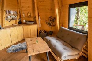 een woonkamer met een bank en een tafel bij Diamond Cabin Orava in Párnica