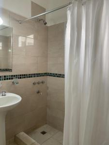uma casa de banho com uma cortina de chuveiro e um lavatório em CASA ALQUILER TEMPORAL VILLA CABRERA em Córdoba