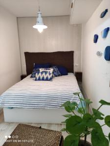 - une chambre avec un lit doté d'oreillers bleus et d'une plante dans l'établissement Apartamento a pie de playa en Bakio, à Bakio