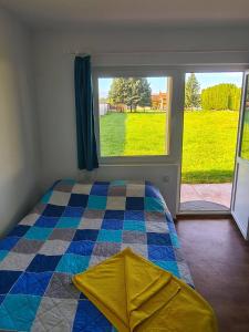 a bedroom with a bed and a large window at Koliba in Pirot