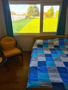 - une chambre avec un lit, une fenêtre et une chaise dans l'établissement Koliba, à Pirot