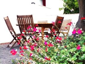 two chairs and a table and some red flowers at Villa Ghezzi Sea View in Ischia