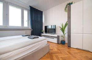 1 Schlafzimmer mit 2 Betten und einem Flachbild-TV in der Unterkunft Apartament Dworcowa 24 in Gliwice