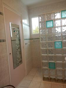La salle de bains est pourvue d'une douche à l'italienne et d'une paroi en verre. dans l'établissement HAUT VILLA MESANGES EN BORD DE MER !, à Lucciana