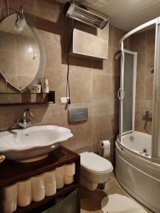 een badkamer met een wastafel, een toilet en een spiegel bij ADEM'S SUIT 1 in Alanya