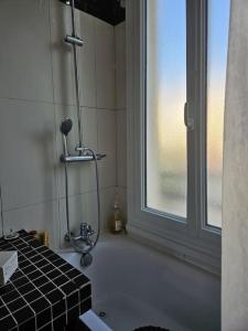 La salle de bains est pourvue d'une douche et d'une fenêtre. dans l'établissement Maison de ville avec jardin., à Courbevoie