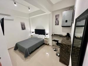 una camera con letto e scrivania di URBANA PREMIUM SUITES Apartamentos de Categoría, Zona Norte, Parking Privado, Seguridad, Cercania a Mujer Urbana, Estadio Kempes, Sanatorio Allende, Hospital Privado, Complejo Ferial Córdoba, Aeropuerto Internacional, Universidad Siglo 21 a Córdoba