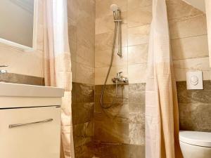 een badkamer met een douche, een wastafel en een toilet bij The Way Up in Kotor