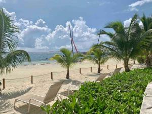 een strand met stoelen en palmbomen en de oceaan bij ☆BLUE DREAM- Beachfront/ 6 pax/ Excellent WIFI☆ in Cancun