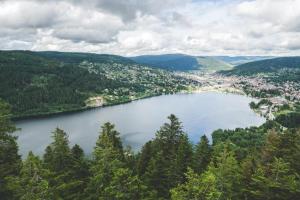 a view of a lake with a town in the distance at Studio type chalet in Gérardmer