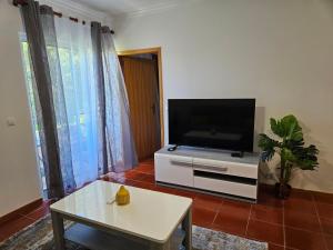 sala de estar con TV de pantalla plana y mesa en Apartamento Costa Norte, en Porto Moniz
