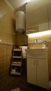 a bathroom with a sink and a towel rack at Nia Lux Apartman in Belgrade