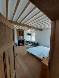 a large bedroom with a bed and a fireplace at La Ferme de Sotrez 