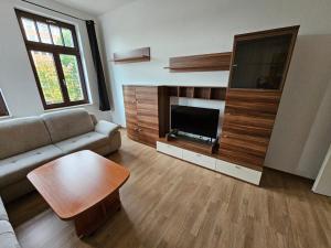 ein Wohnzimmer mit einem Sofa und einem Flachbild-TV in der Unterkunft Großzügige Ferienwohnung mit Balkon in Chemnitz