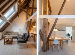 two views of the living room and dining room of a loft at Iselmarpleats 3 kamer appartement in Gaast