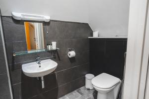 a bathroom with a sink and a toilet and a mirror at The Selsey Arms in West Dean