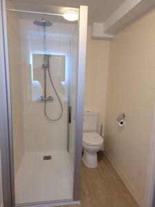 a bathroom with a shower and a toilet at Le cours Donville, appart neuf à 100m de la mer in Donville-les-Bains +17 photos
