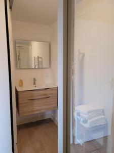 a bathroom with a sink and a mirror at Le cours Donville, appart neuf à 100m de la mer in Donville-les-Bains