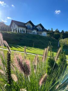 una casa en la cima de una colina con césped en Amaretto Apartamenty-Solina z sauną i ruską banią en Solina